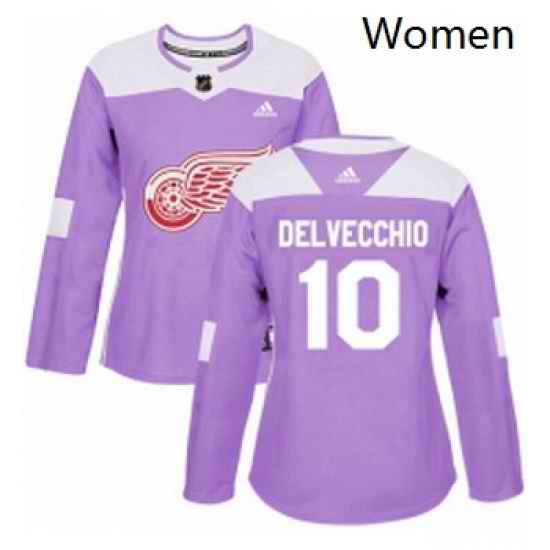 Womens Adidas Detroit Red Wings 10 Alex Delvecchio Authentic Purple Fights Cancer Practice NHL Jersey